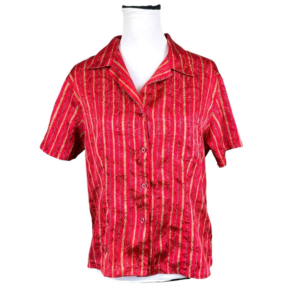 Victoria's Secret Vintage Red Gold Stripe Satin Short Sleeve Button Pajama Top